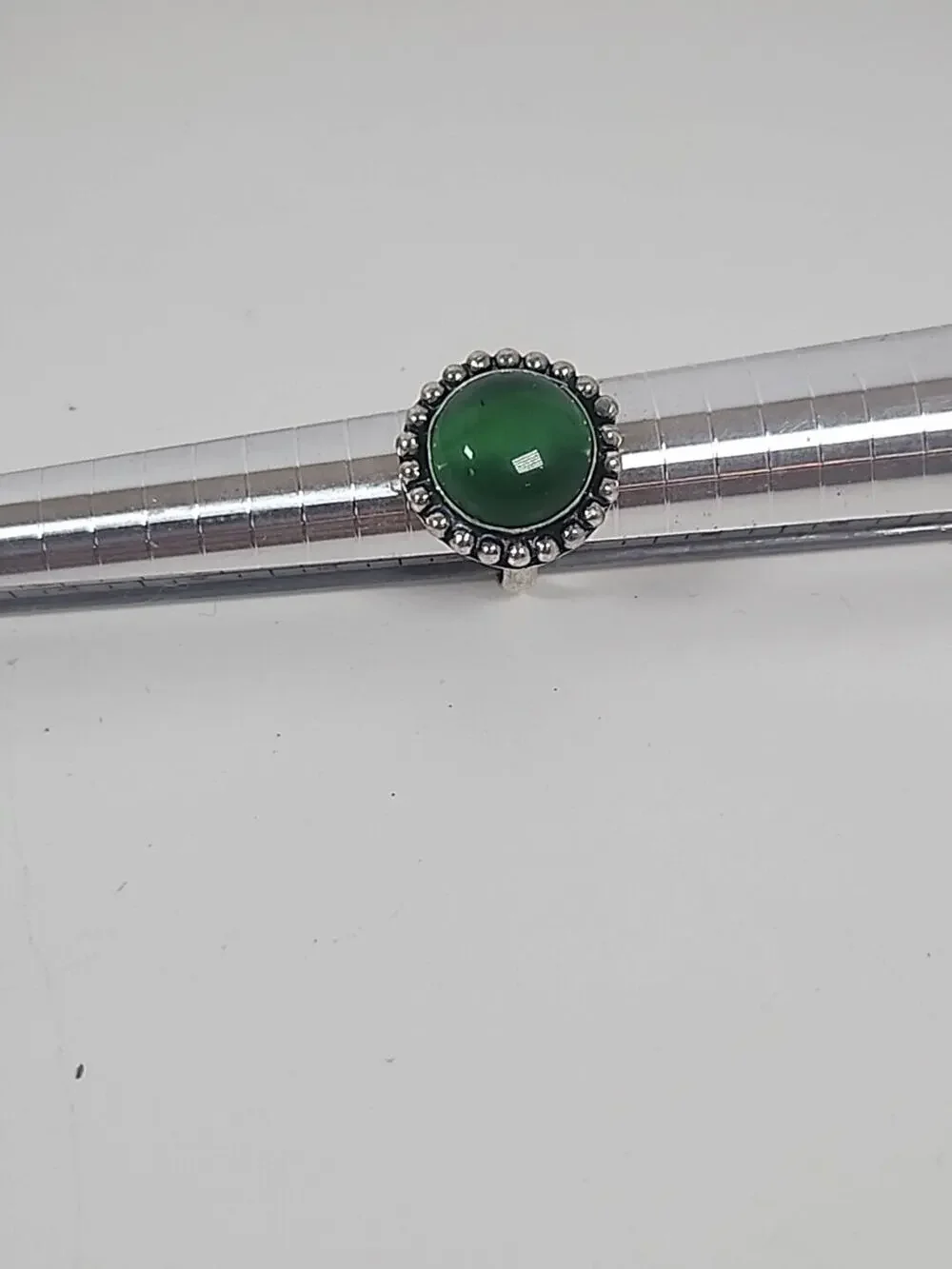 925 Silver Ring With Large Emerlad Green, Glass Stone Size 6.5